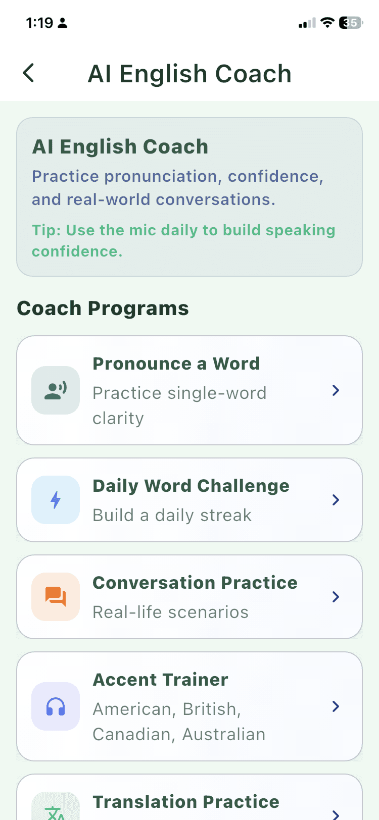 ARRIVIO AI English coach screen