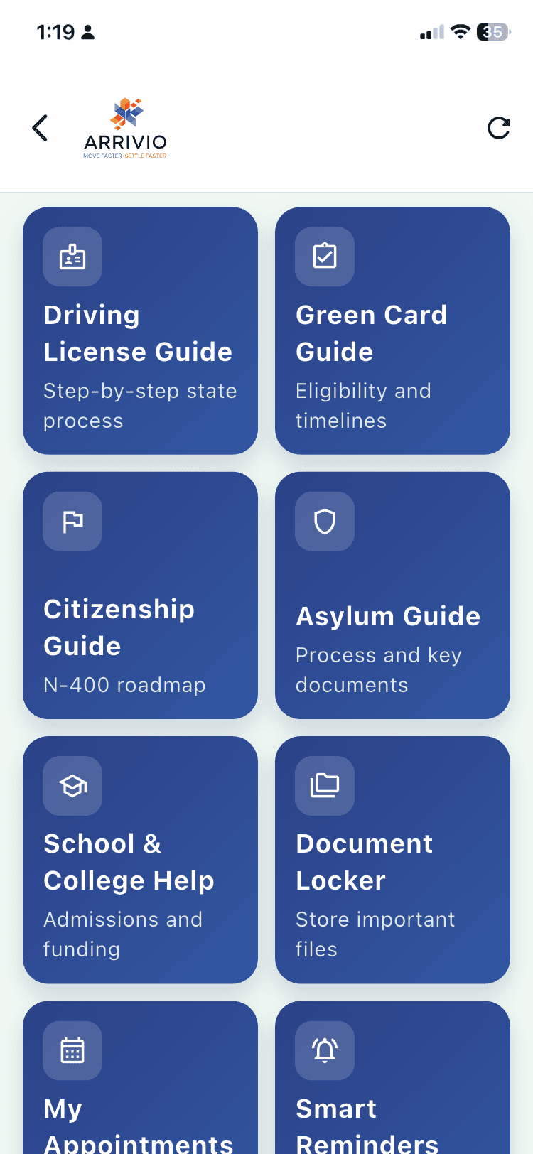 ARRIVIO immigration guides grid screen