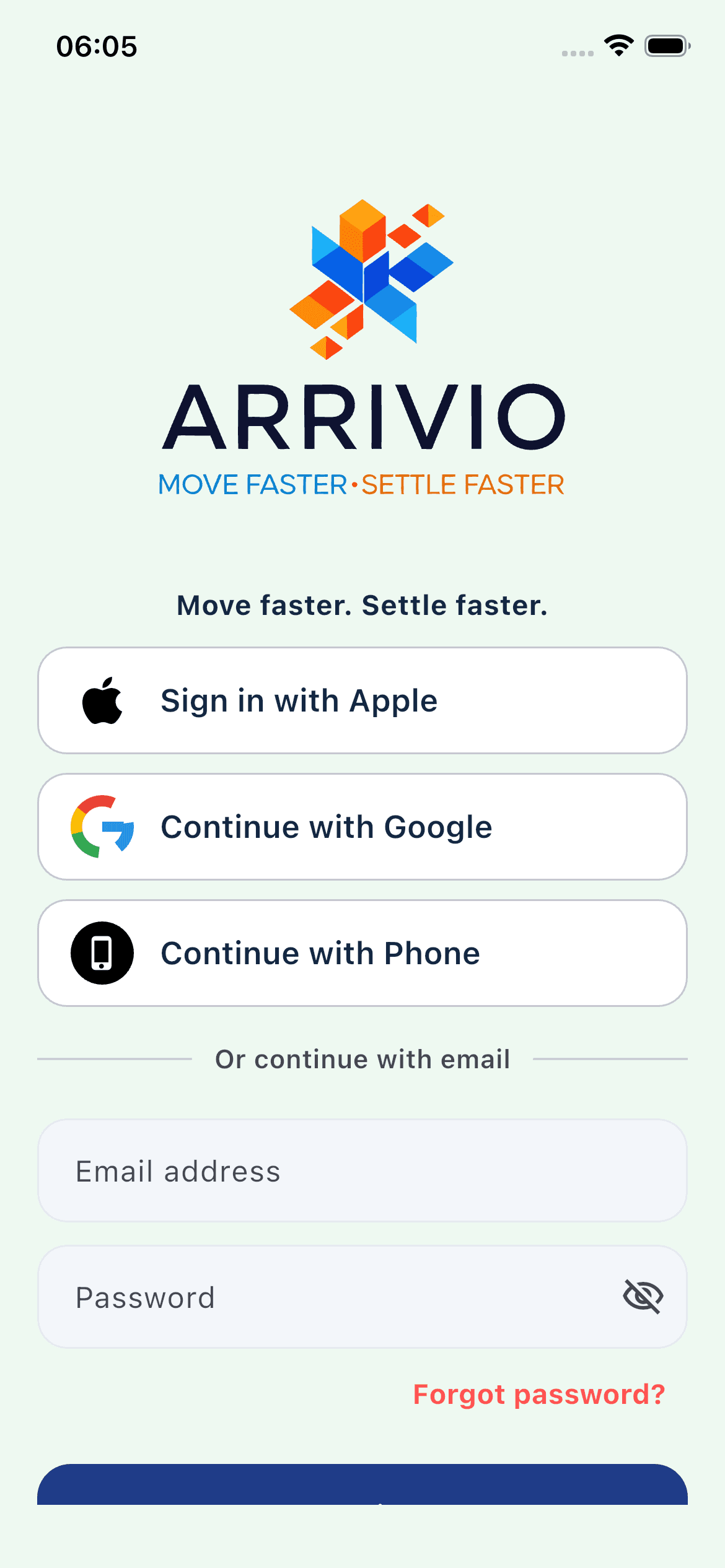 ARRIVIO sign-in screen