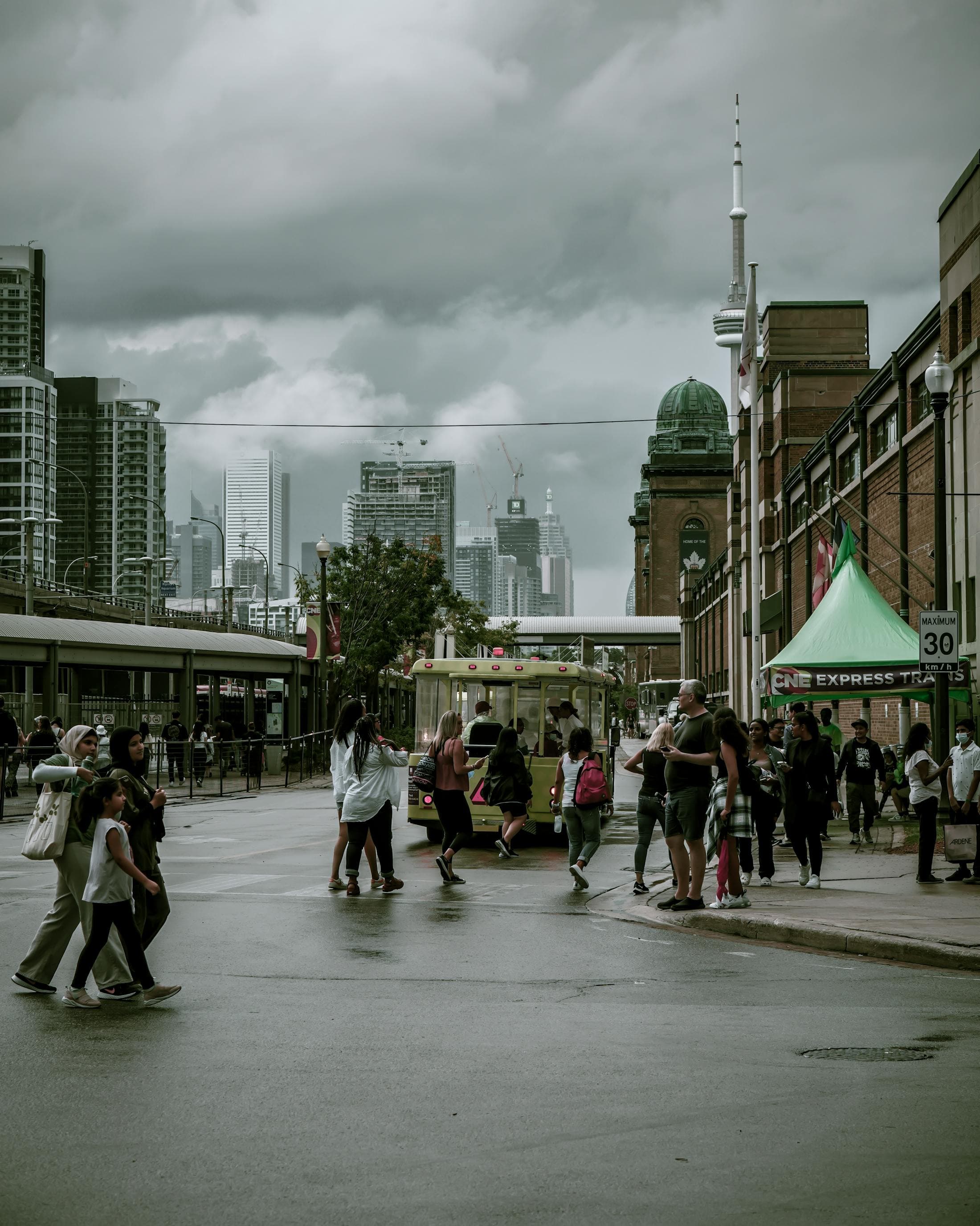 City intersection with people and transport